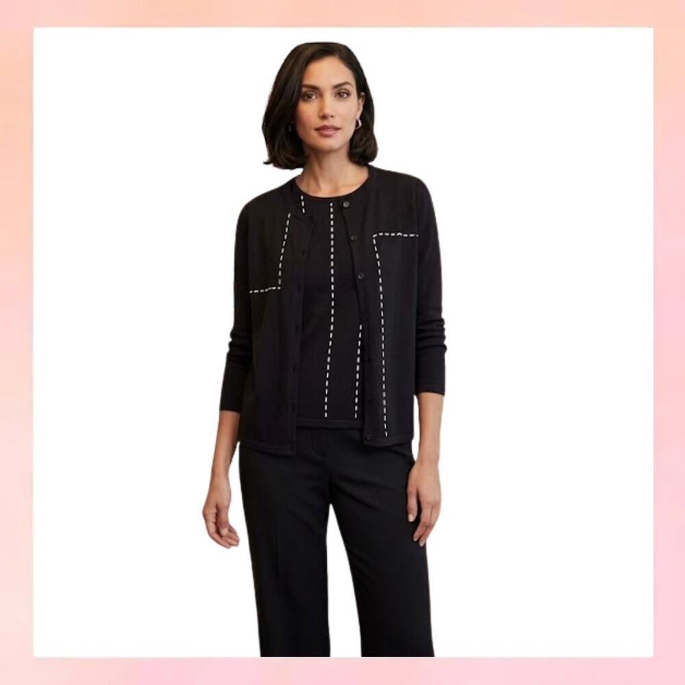 Talbots Petites Black Knit Twin Set Cardigan & Shell White Pick Stitch Detail S